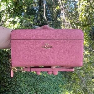 COACH Long Zip-Around Wallet Pink Pebble Leather with Gold Hardware AUTHENTIC